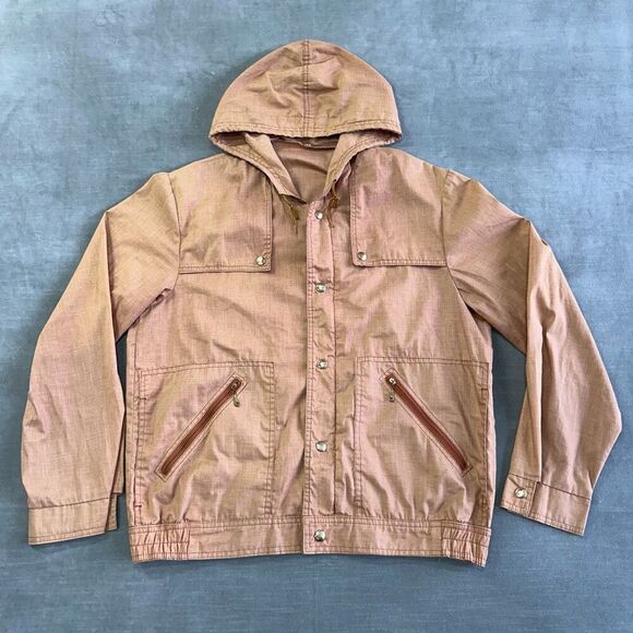 VTG 70s Utility Jacket Mens M-L Khaki Rust Full‎ Zip Hooded Cotton Windbreaker - Picture 1 of 10